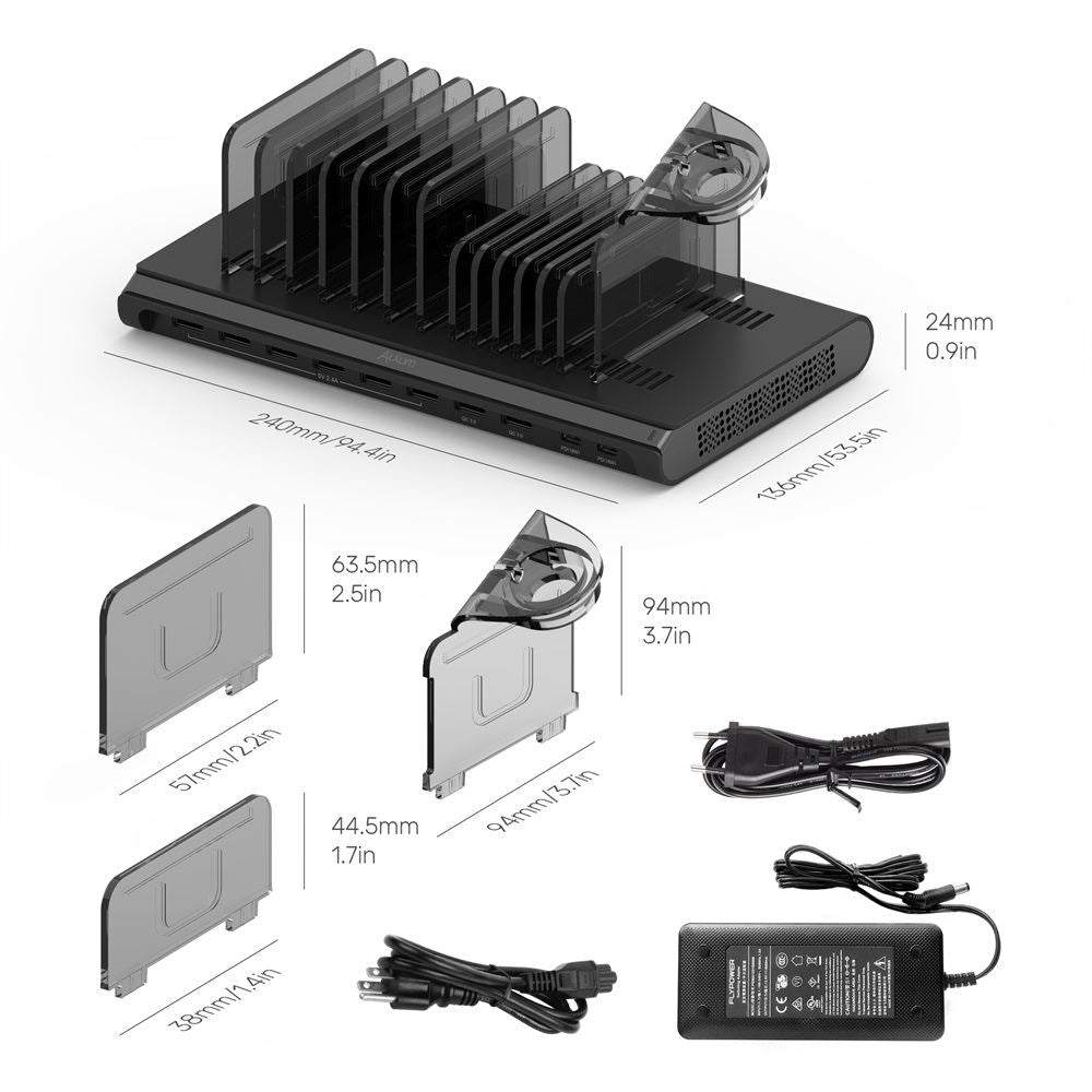 10 Port QC 3.0 USB C Charging Station 96W iWatch Stander