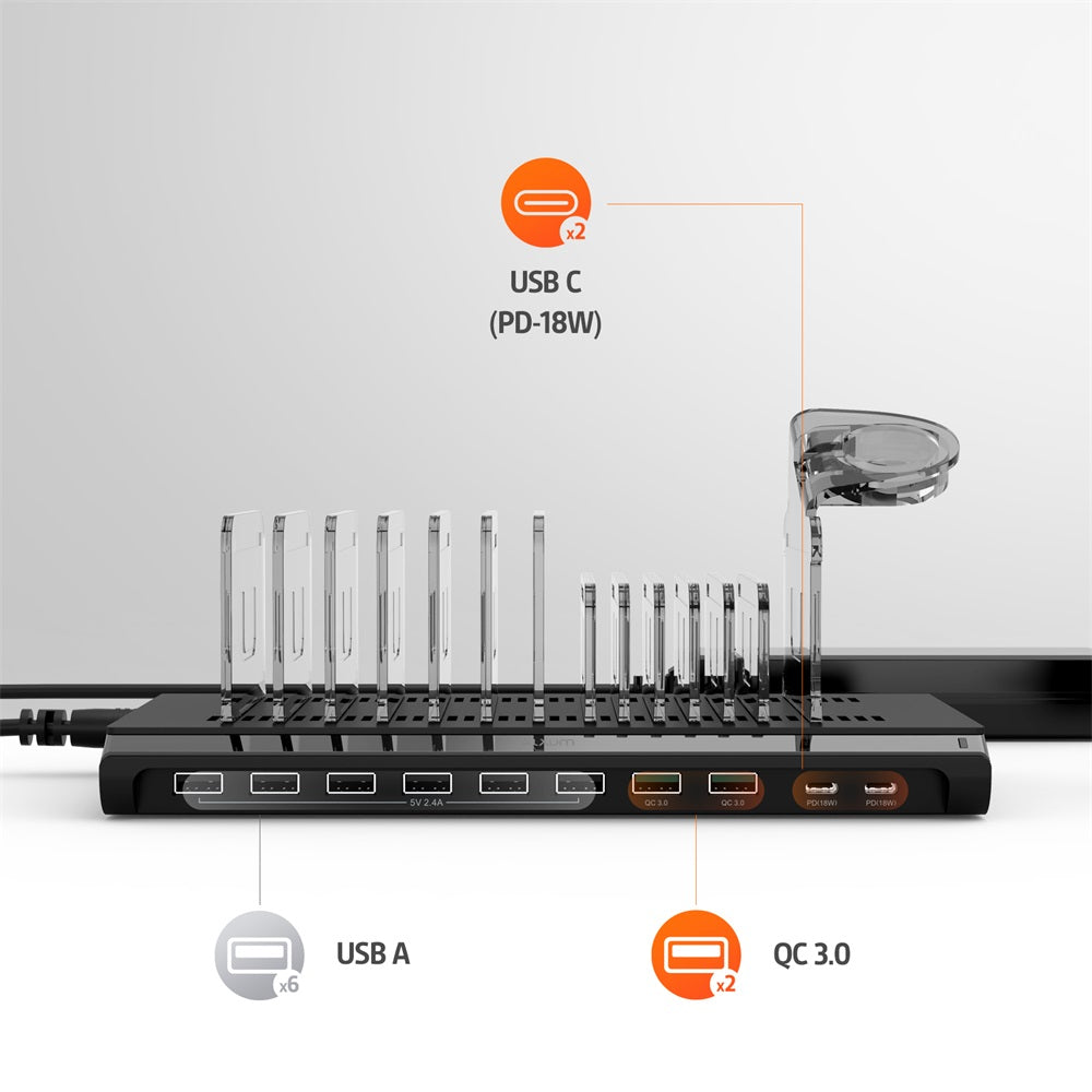 10 Port QC 3.0 USB C Charging Station 96W iWatch Stander