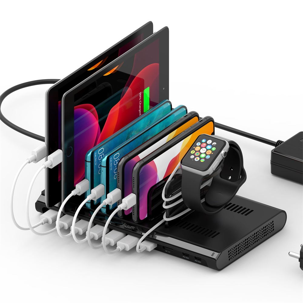 10 Port QC 3.0 USB C Charging Station 96W iWatch Stander