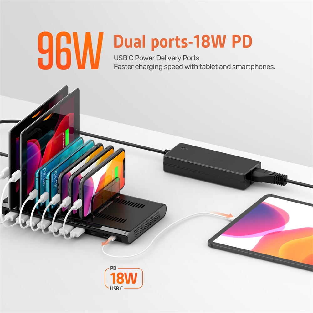 10 Port QC 3.0 USB C Charging Station 96W iWatch Stander