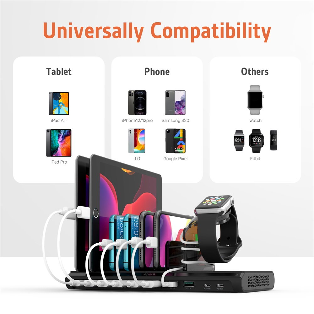 10 Port QC 3.0 USB C Charging Station 96W iWatch Stander