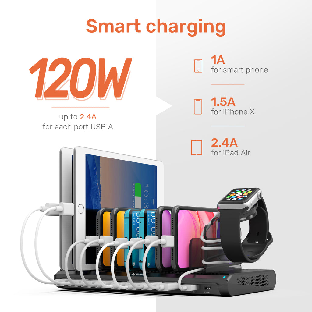 10 Ports USB C Charging Station with iWatch Charger Stand