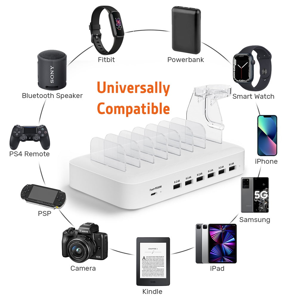 7 Ports USB C Charging Station 30W PD with Cables