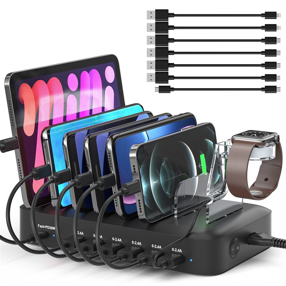 7 Ports USB Charging Station 30W PD Fast Charger with iWatch Stand 7 Cables