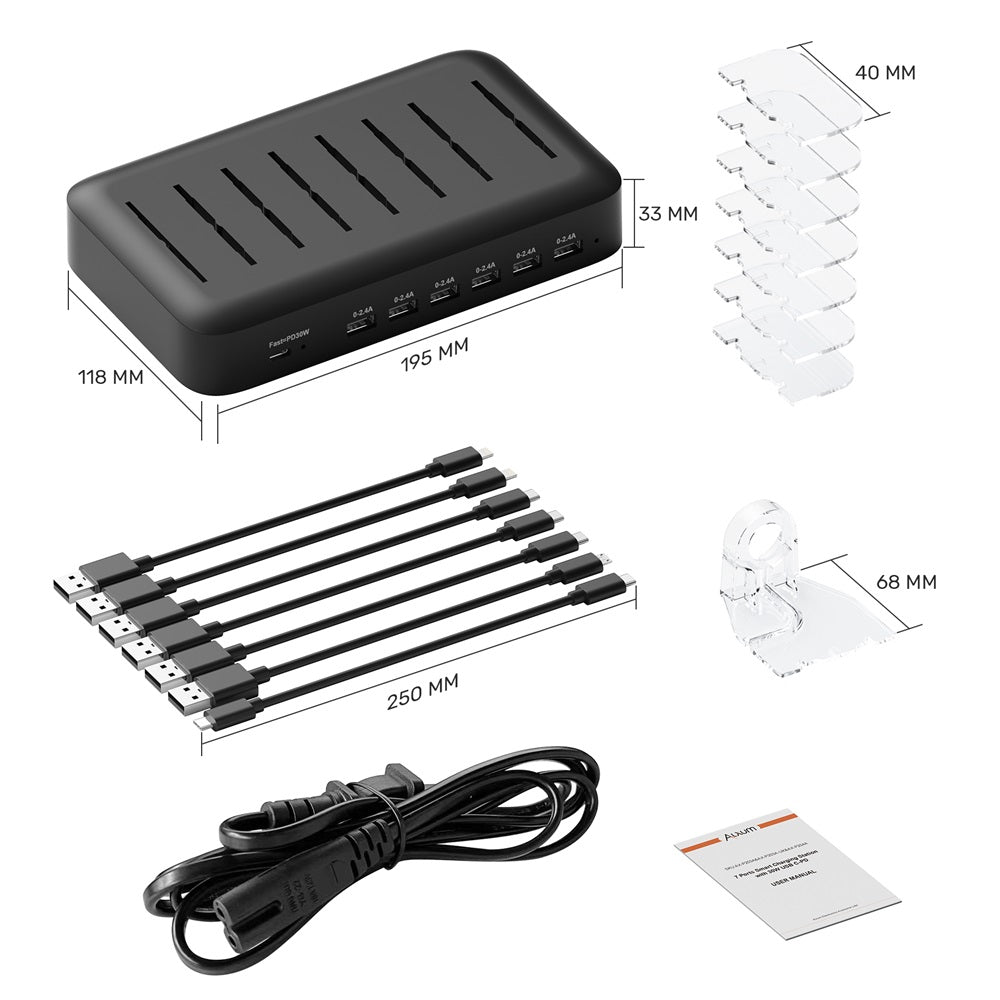 7 Ports USB Charging Station 30W PD Fast Charger with iWatch Stand 7 Cables