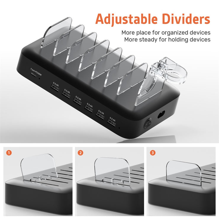 7 Ports USB Charging Station 30W PD Fast Charger with iWatch Stand 7 Cables