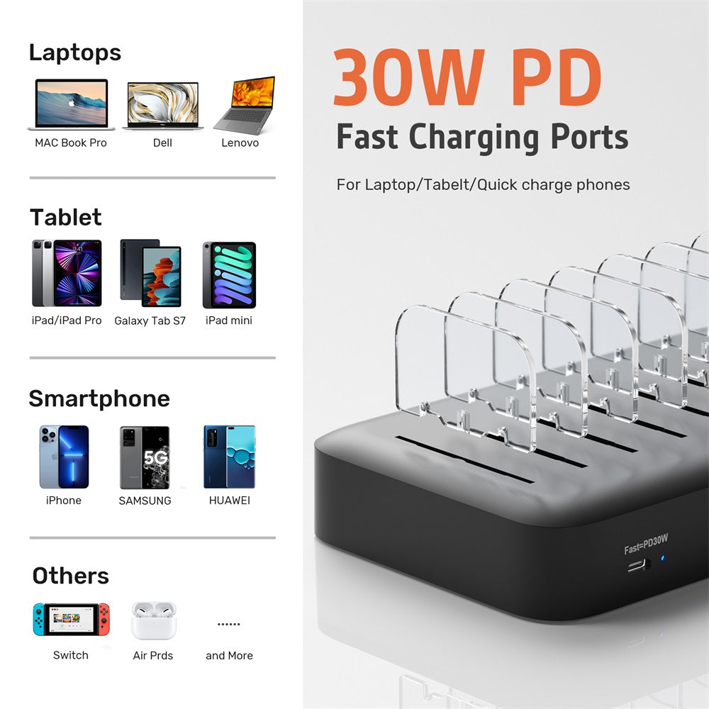 7 Ports USB Charging Station 30W PD Fast Charger with iWatch Stand 7 Cables