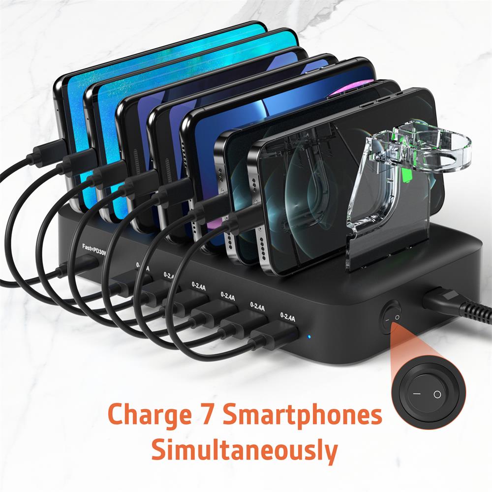 7 Ports USB Charging Station 30W PD Fast Charger with iWatch Stand 7 Cables