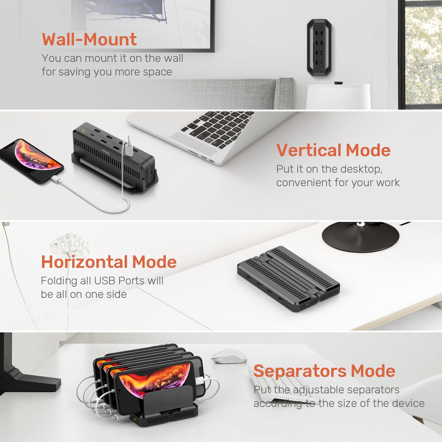 8-Port Transformable Wall Mount Charging Station with Quick Charge 3.0