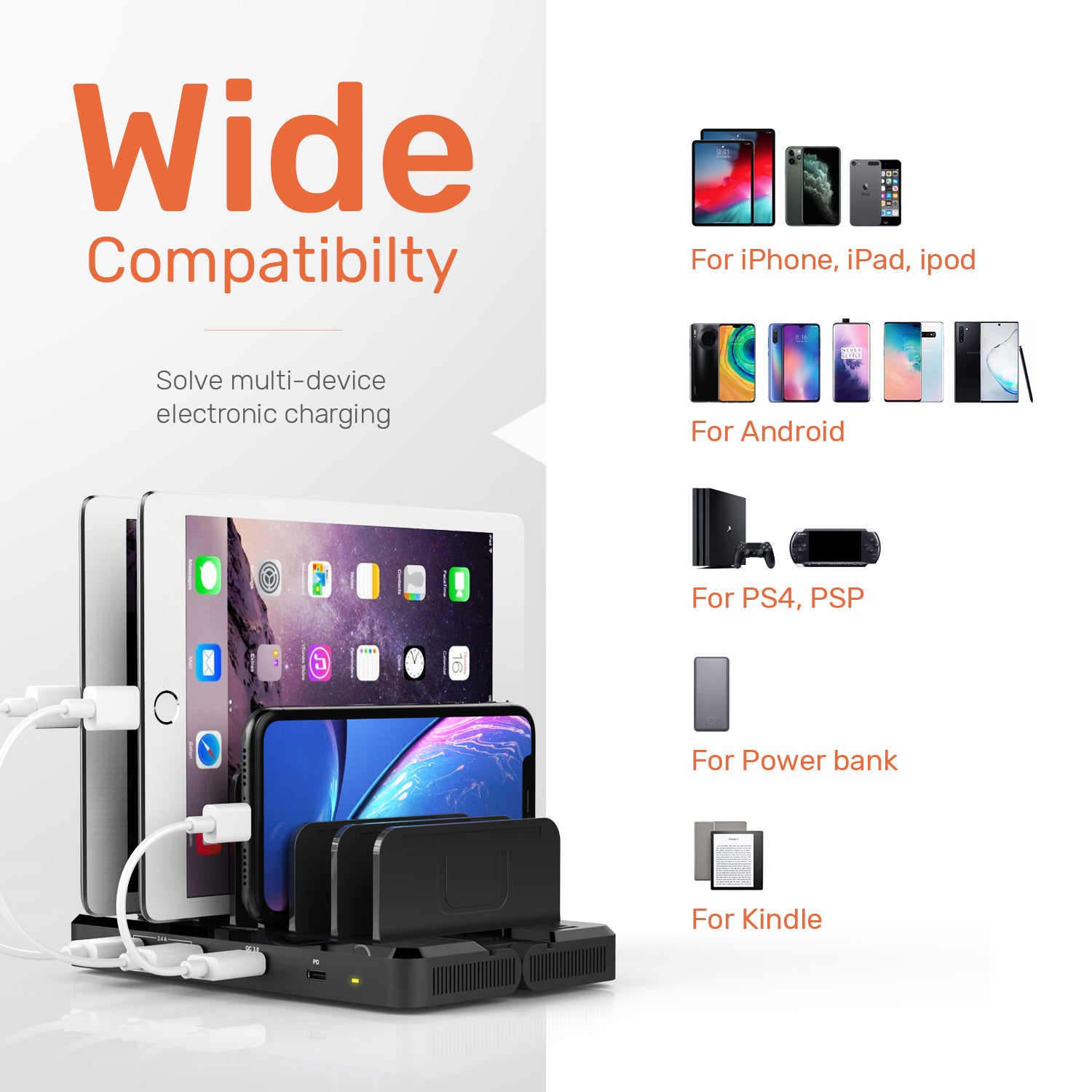 8-Port Transformable Wall Mount Charging Station with Quick Charge 3.0