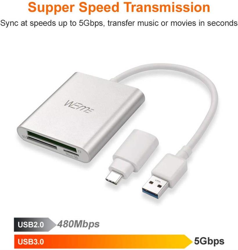 CF Card Reader USB 3.0 CF/SD/Micro SD Card Reader with Type-C Adapter