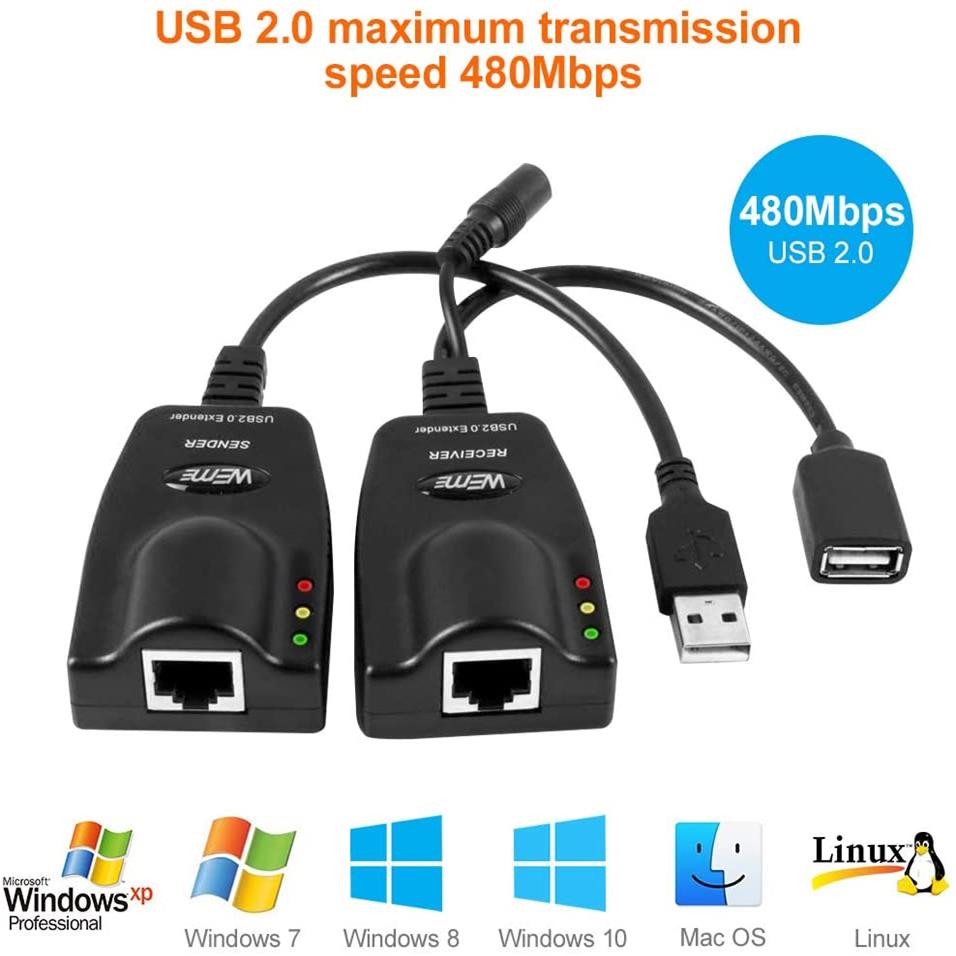 USB 2.0 Ethernet Extender to RJ45 Over Cat55E6 (100M328FT)