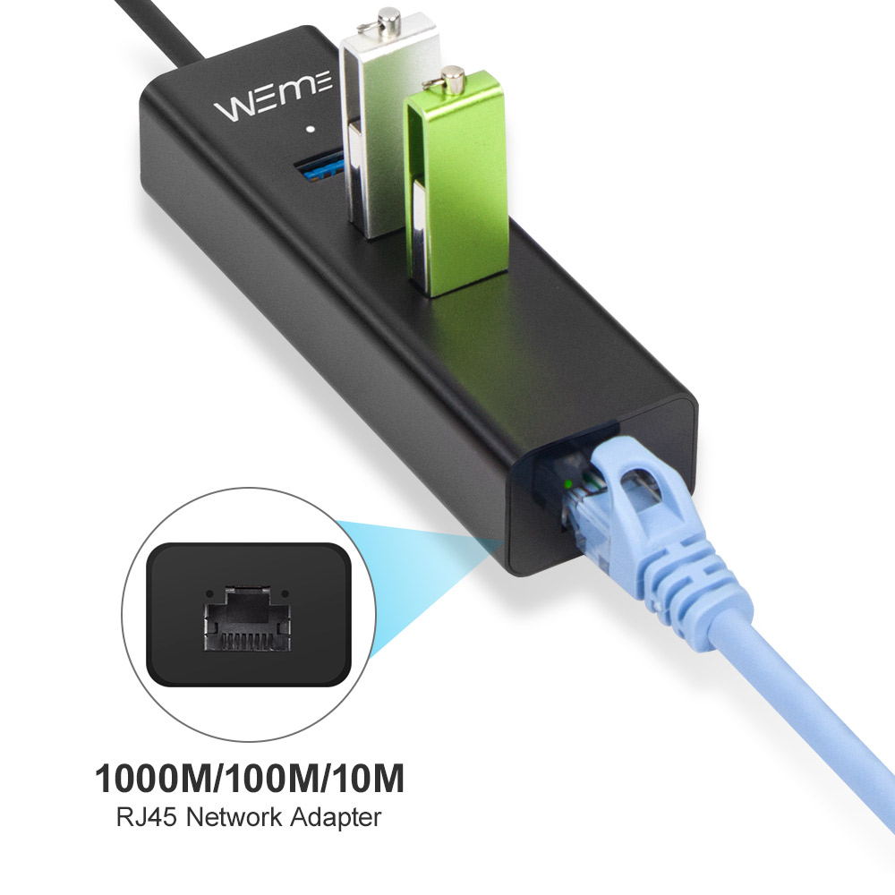 USB C Ethernet Adapter to 3-Port USB 3.0 Hub