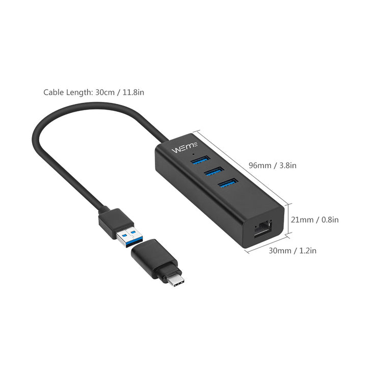 USB C Ethernet Adapter to 3-Port USB 3.0 Hub