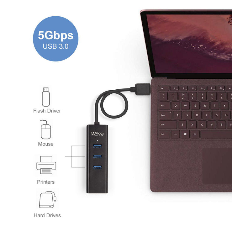 USB C Ethernet Adapter to 3-Port USB 3.0 Hub